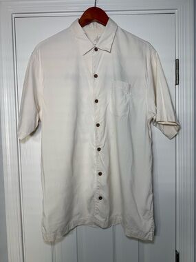 Tommy Bahama Camp Shirt Mens Ivory Silk Embroidered Port Authority size large